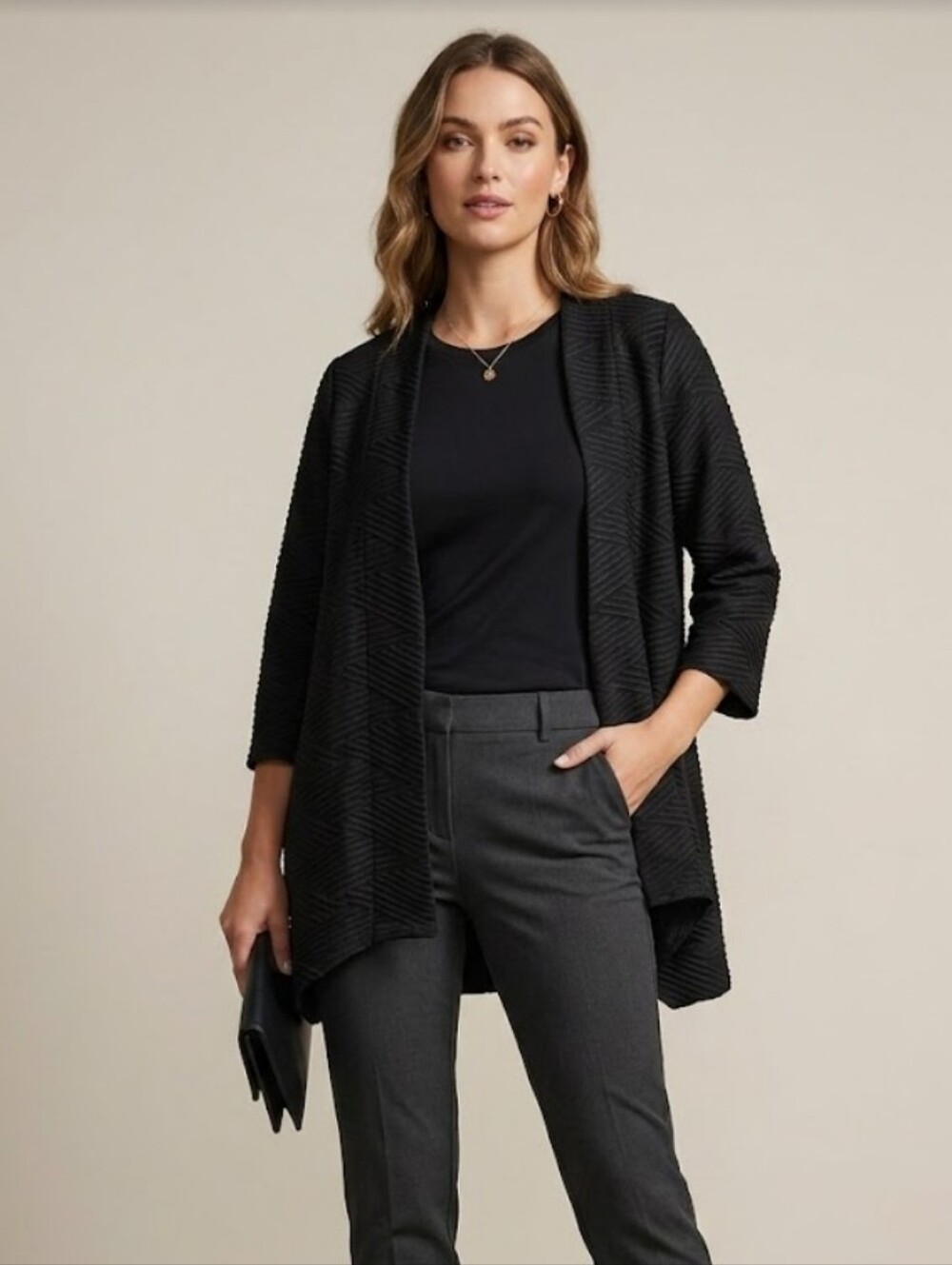 NWT Pure Essence Black Open-Front Textured Cardigan Size Medium